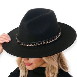 Wide Brim Dented Crown Chunky Cuban Chain Band Black Fedora Hat NEW